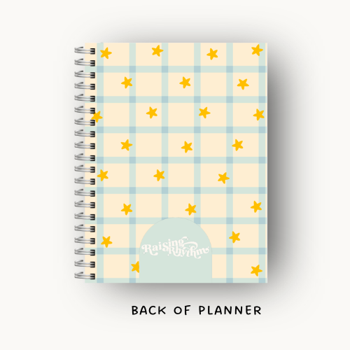 Plaid planner with star patterns on a white background