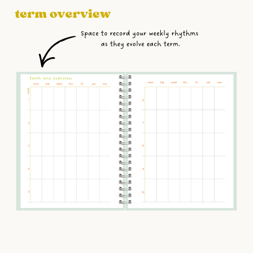 Spiral-bound planner with grid layout and text indicating space for weekly rhythms.