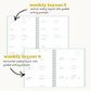 Two weekly layout designs with guided writing prompts on a white background.