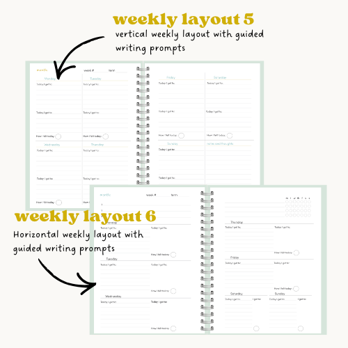 Two weekly layout designs with guided writing prompts on a white background.